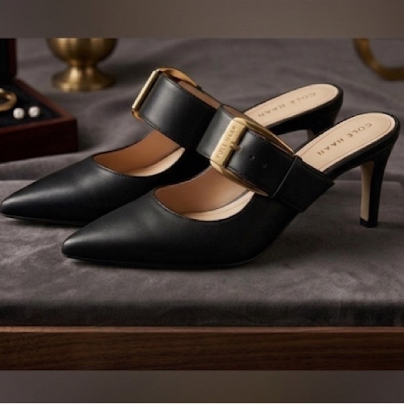 COLE HAAN Kitten Heel Mules with Gold Buckle - Picture 2 of 16